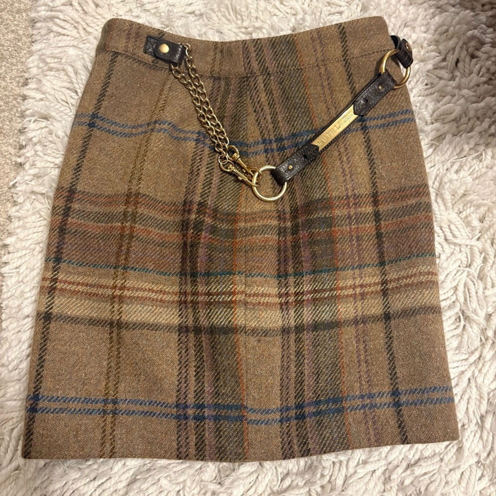 Vintage Ralph Lauren Plaid Wool Mini Skirt Leather Gold Chain Belt 90s y2k Prep - Picture 11 of 13